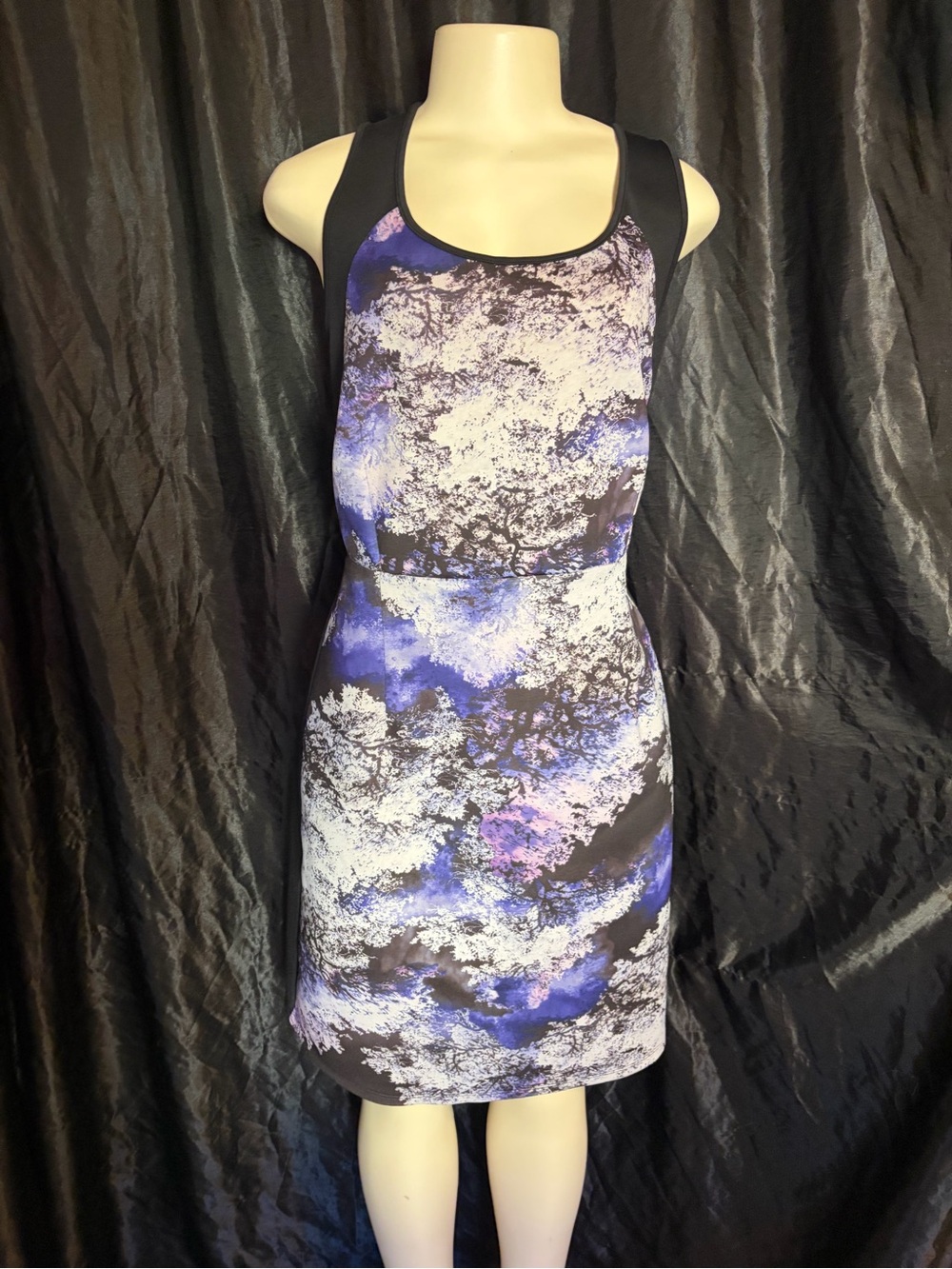 Lane Bryant Black, Blue and White Printed Racerback Sheath Dress